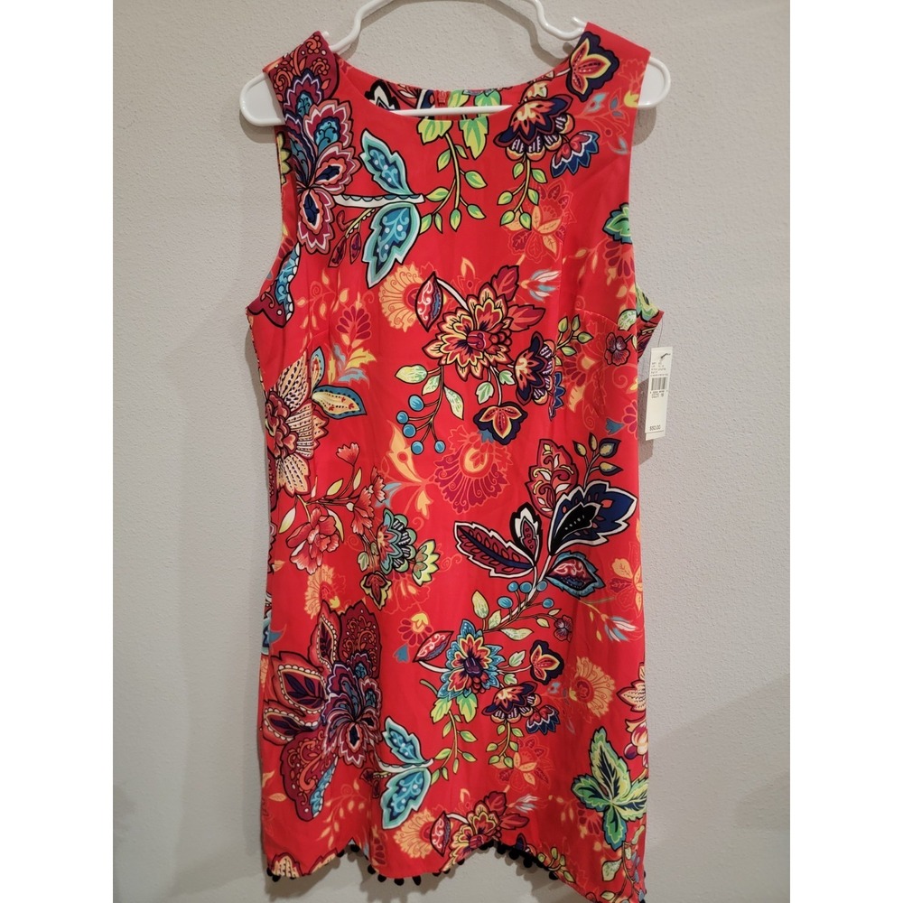 Apt‎ 9 Dress Sleeveless Red Floral Women's 1/2 Zip Pom Pom Fringe Sz 16 NWT New